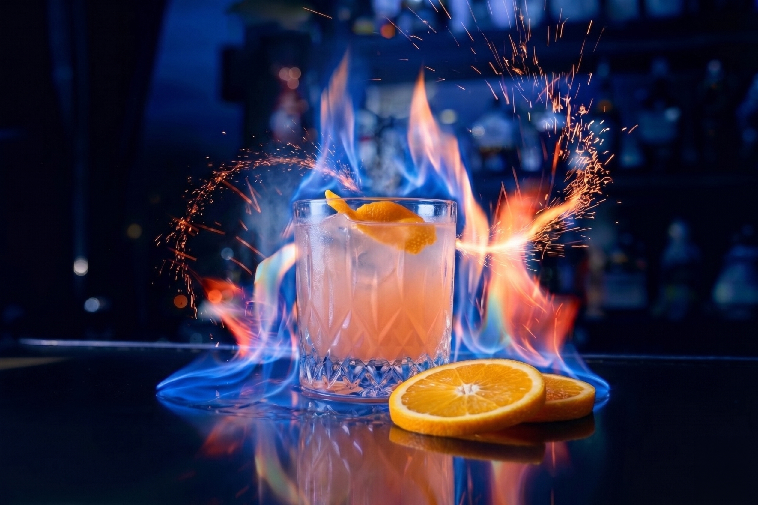 Flambirowany drink z pomarańczą