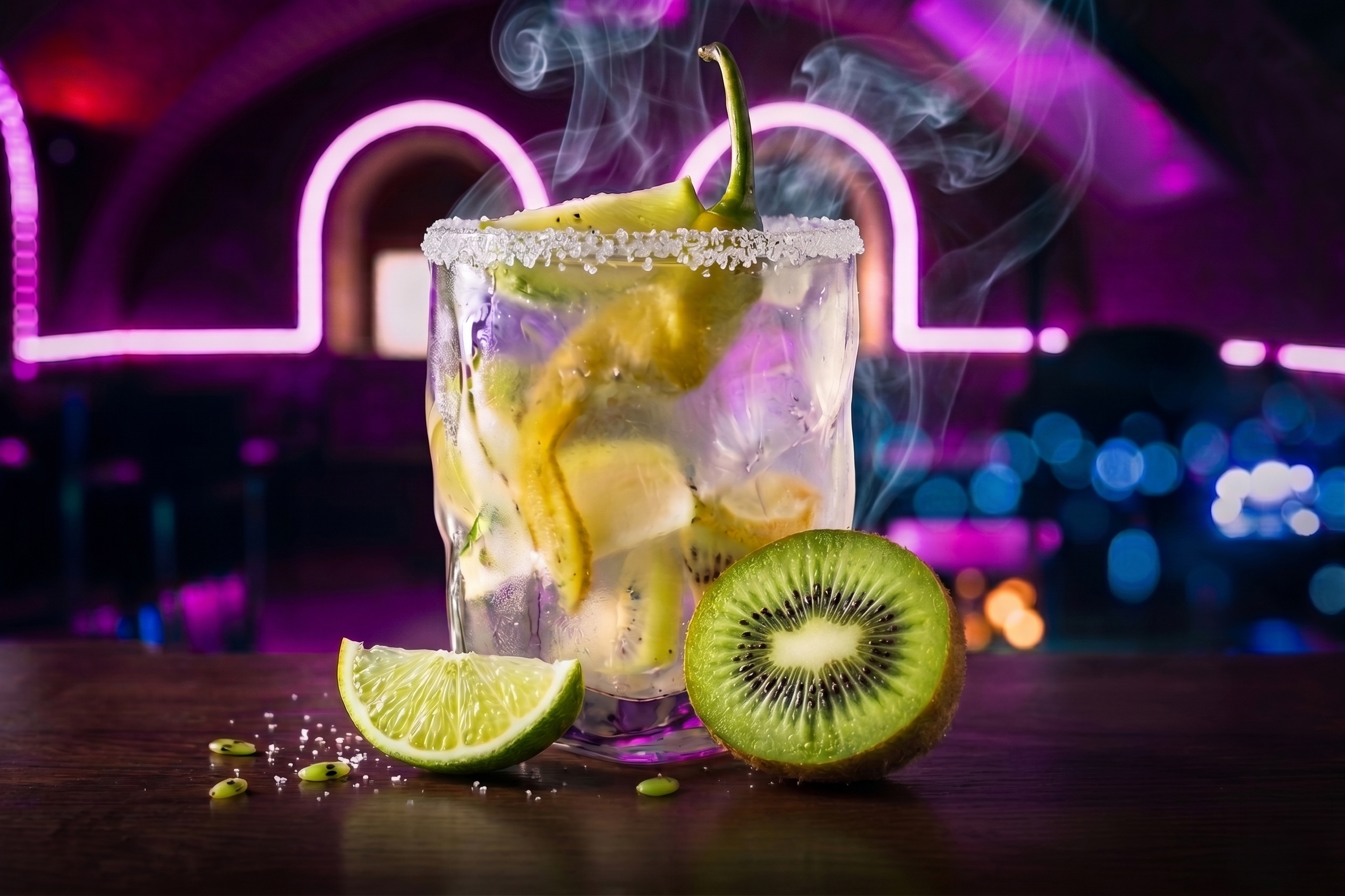 Drink z kiwi, limonką i neonowym tłem